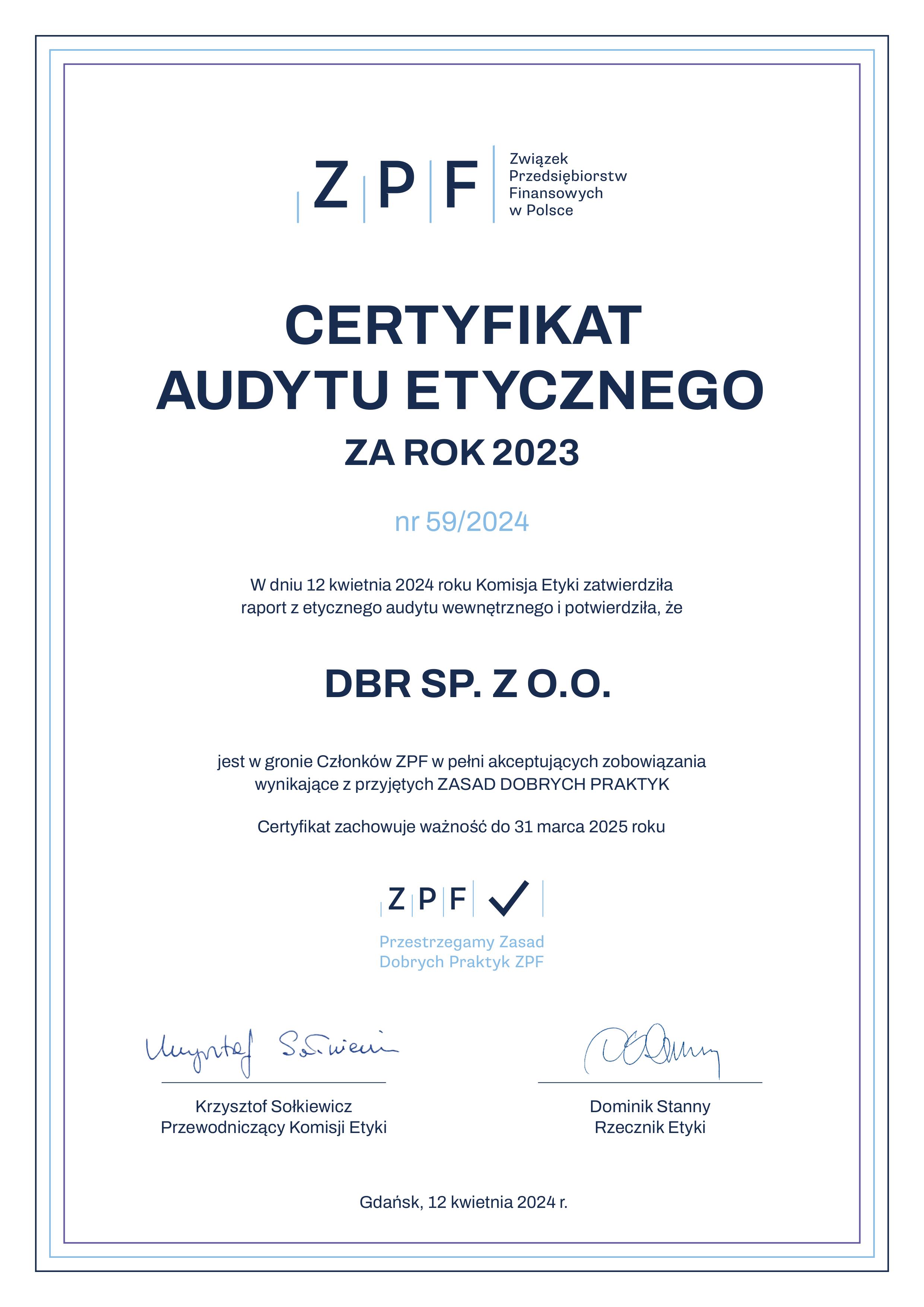 DBR z Certyfikatem Audytu Wewnętrznego za 2023 r.