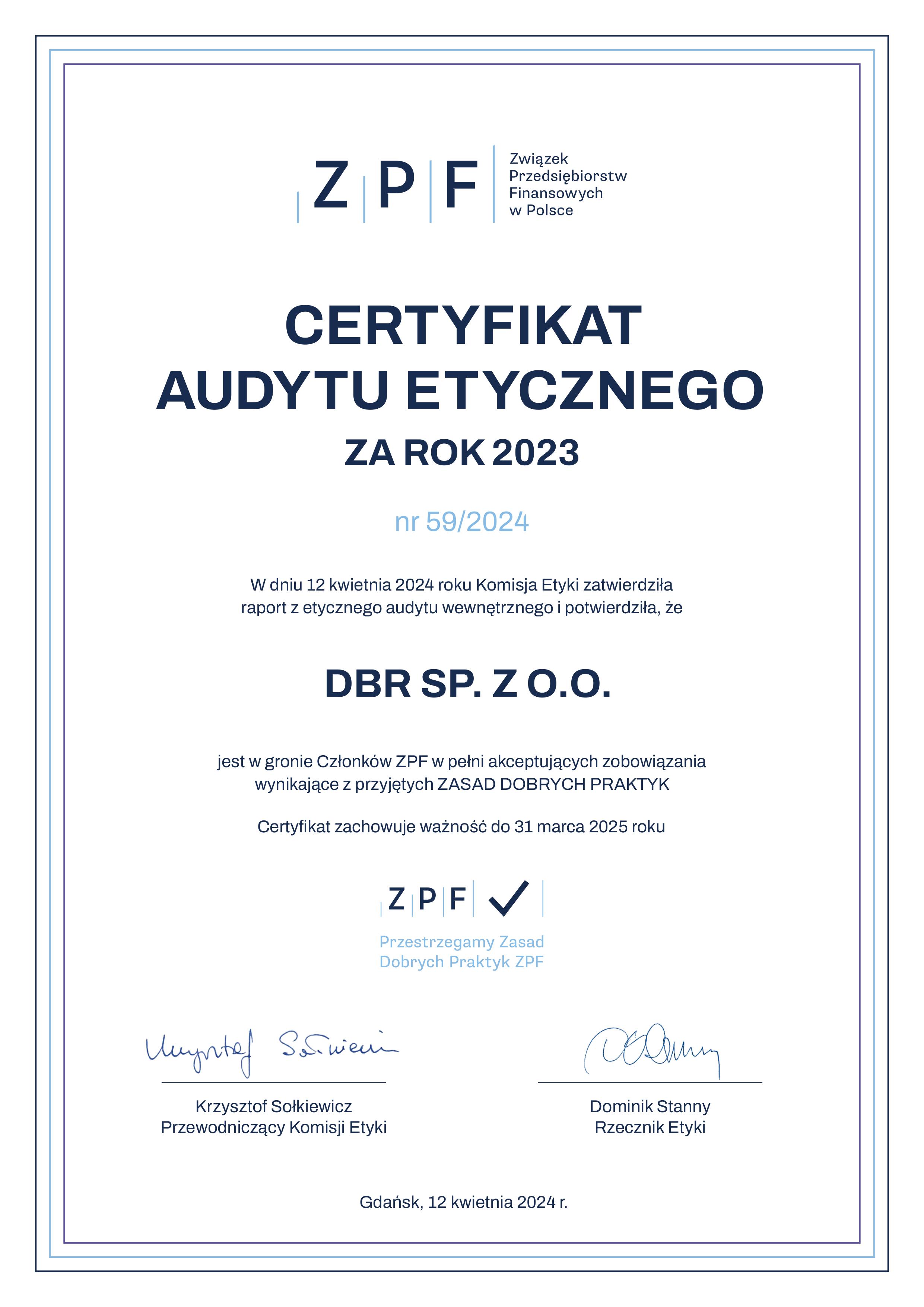 DBR z Certyfikatem Audytu Wewnętrznego za 2023 r.